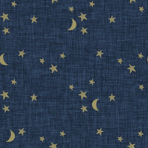 stars and moons // soft gold on navy linen no. 2