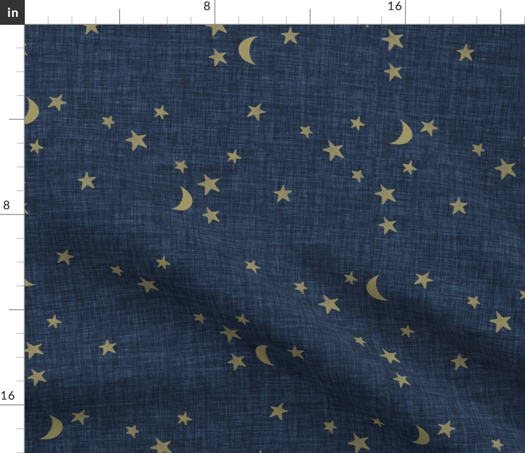 stars and moons // soft gold on navy linen no. 2