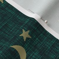 stars and moons // soft gold on dark emerald linen