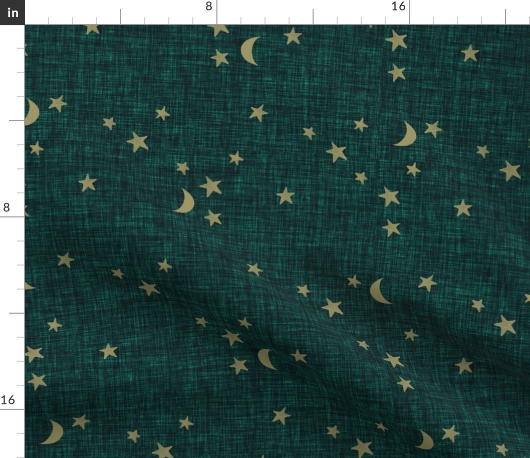 stars and moons // soft gold on dark emerald linen