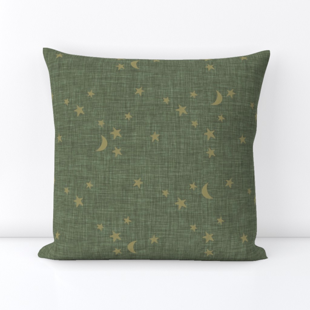 stars and moons // soft gold on sage linen no. 1