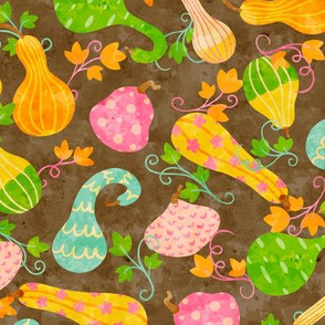 Cheerful Watercolor Gourds on Brown