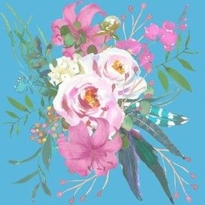 Pink Watercolor Bouquet on Blue