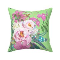 Large Pink Watercolor Floral on Lime Green