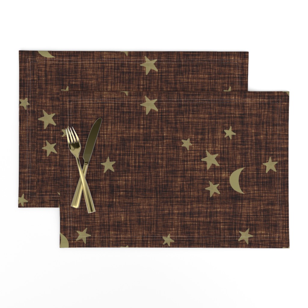 stars and moons // soft gold on chocolate linen