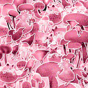 Raspberry Pink Cats Birds Mushrooms White Outline