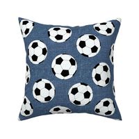 Soccer Balls on Blue Linen- medium scale