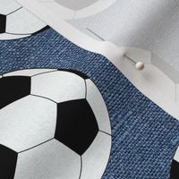 Soccer Balls on Blue Linen- medium scale