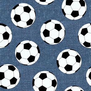 Soccer Balls on Blue Linen- medium scale