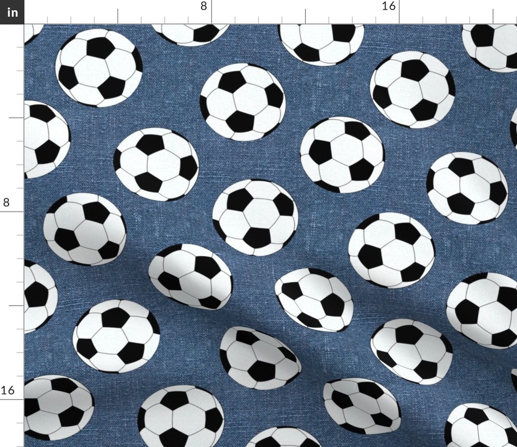 Soccer Balls on Blue Linen- medium scale