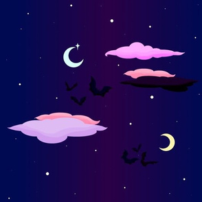 Gothic Pastel Bats with moons, clouds and stars