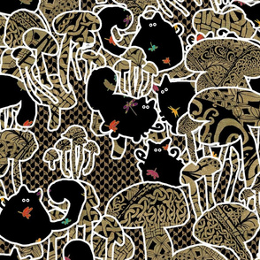 Black Cats Mushroom Forest Pattern Back