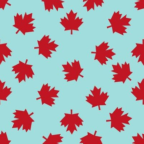 canada maple leaf fabric - red maple leaves - light blue
