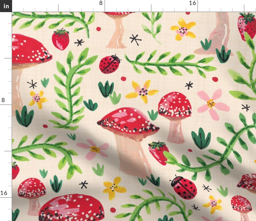 Large Scale for Wallpaper Overgrown Mushroom Garden // a delicious adventure through the vines // ladybugs, strawberries, botanicals, flowers, floral, polka dot, toadstools, magical © ZirkusDesign