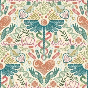 Health and wellbeing, doctor and nurse, medicine, mute pastel colors