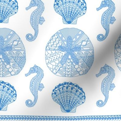 Tribal Seashells Seahorses Blue White