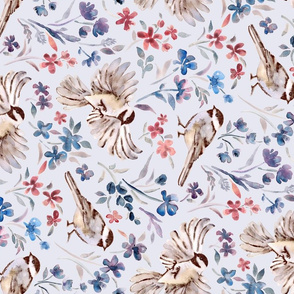 Chickadees and Wildflowers on pale blue - large, rotated