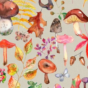 Watercolor Mushrooms and Leaves With Taupe Texture