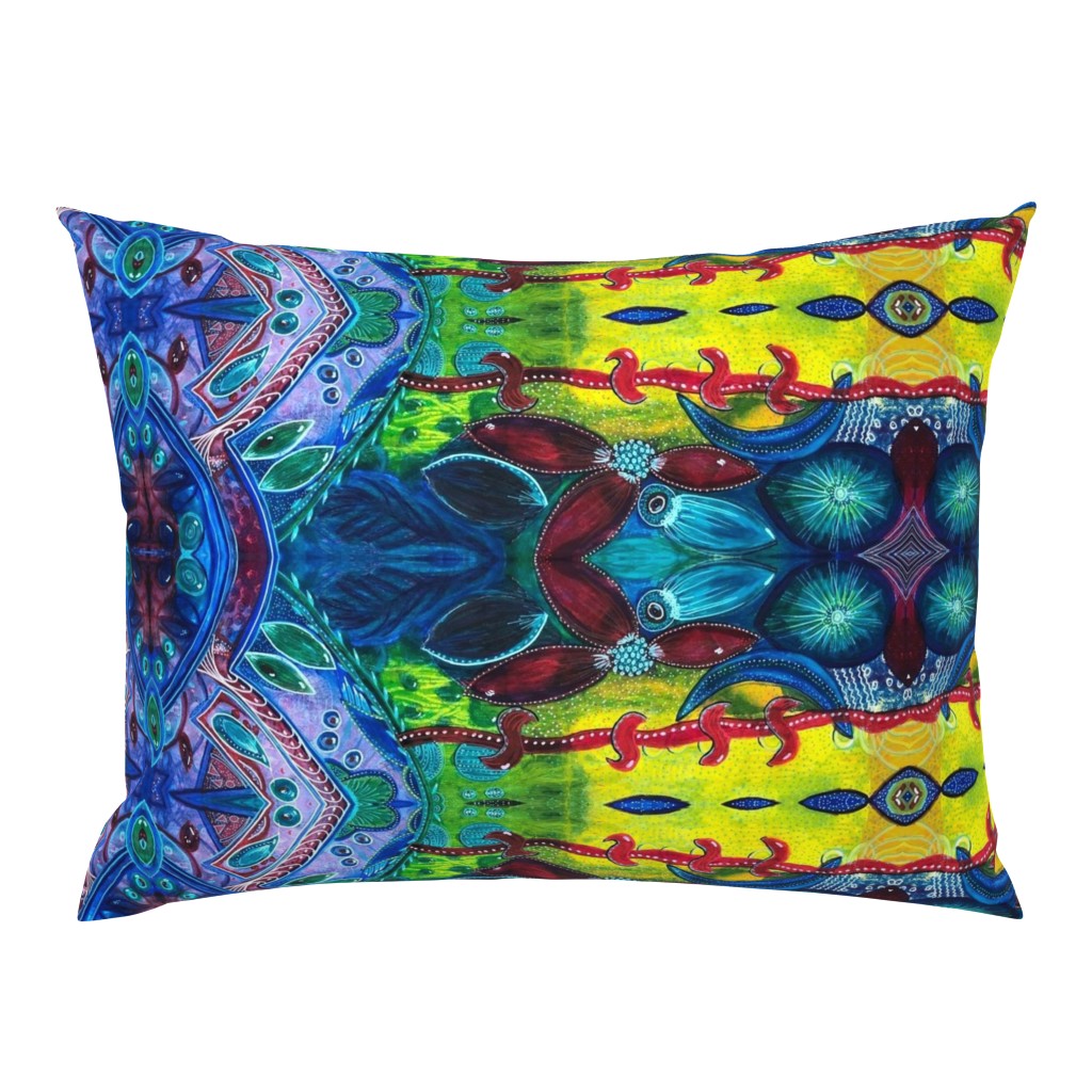 Hand painted and printed abstract beanstalk horizontal bright and bold blues, yellow and reds