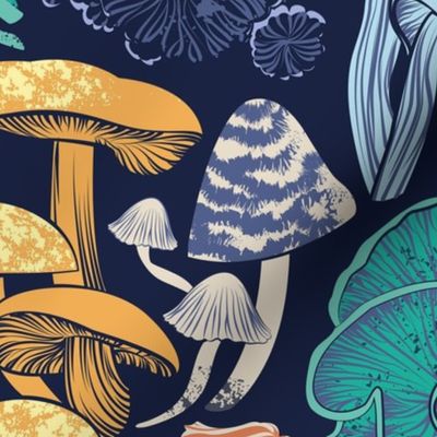 Mystical fungi // normal scale // midnight blue background multicoloured wild mushrooms