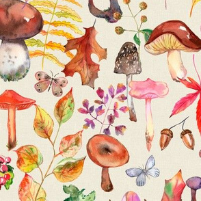 Watercolor Mushrooms and Leaves With Cream Texture