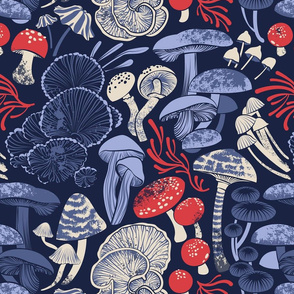 Normal scale // Mystical fungi // midnight blue background blue and red wild mushrooms