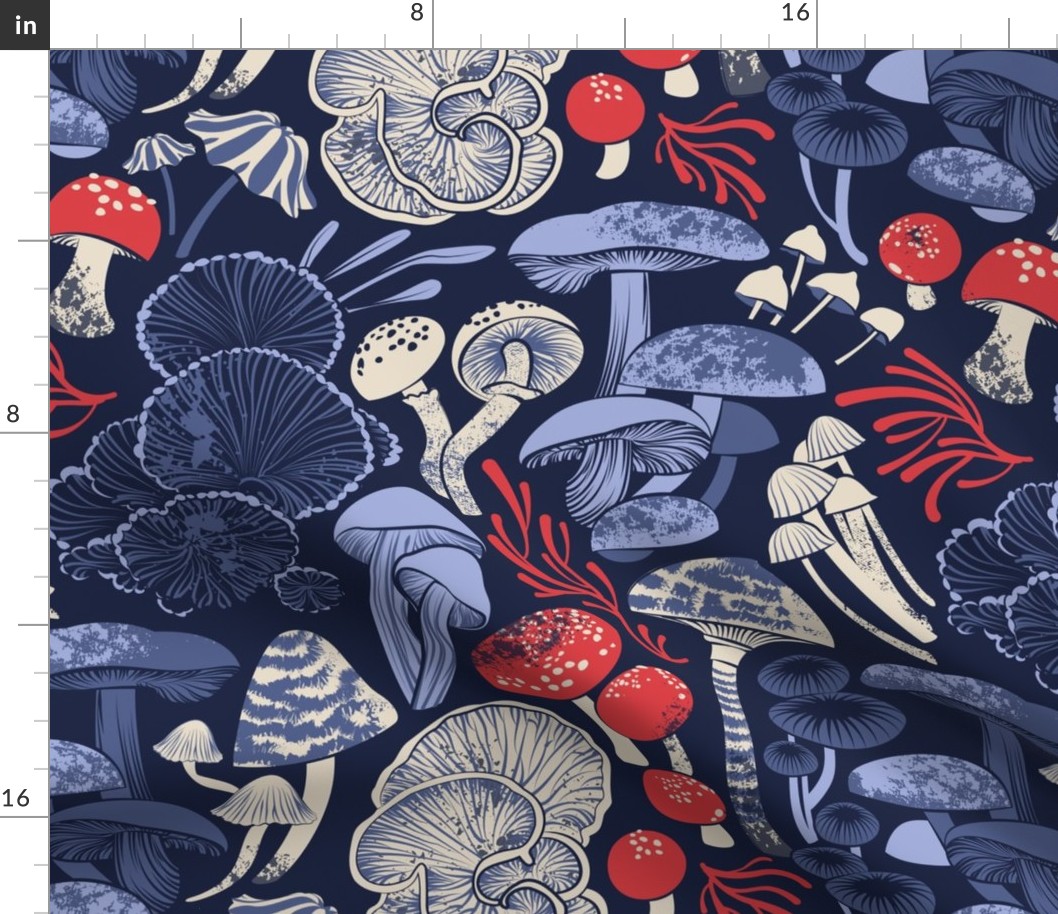 Normal scale // Mystical fungi // midnight blue background blue and red wild mushrooms