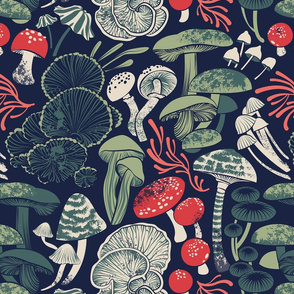 Normal scale // Mystical fungi // midnight blue background sage and forest green red and coral wild mushrooms