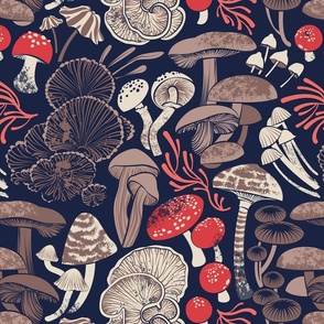 Normal scale // Mystical fungi // midnight blue background brown red and coral wild mushrooms