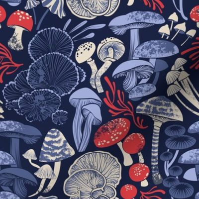 Small scale // Mystical fungi // midnight blue background blue and red wild mushrooms