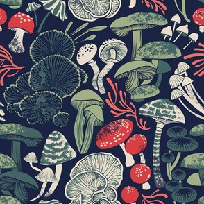 Small scale // Mystical fungi // midnight blue background sage and forest green red and coral wild mushrooms