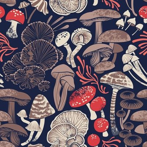 Small scale // Mystical fungi // midnight blue background brown red and coral wild mushrooms
