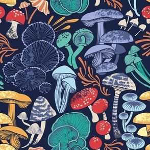 Small scale // Mystical fungi // midnight blue background multicoloured wild mushrooms