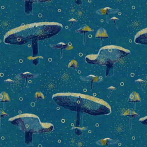 Magic midnight mushrooms on teal blue backround with gold dots and circles (small)