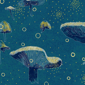 Magic midnight mushrooms on teal blue backround with gold dots and circles (x-large)