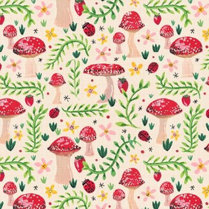 Small Scale Overgrown Mushroom Garden // a delicious adventure through the vines // ladybugs, strawberries, botanicals, flowers, floral, polka dot, toadstools, magical © ZirkusDesign