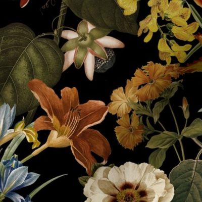 12" Exotic Vintage Passiflora Flowers Night Garden - Sepia