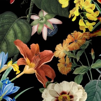 12" Exotic Vintage Passiflora Flowers Night Garden Black