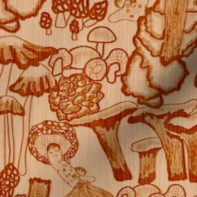 Pyrography Mushroom Extravaganza- Wood Burning Art- Natural- Burnt Umber, Bronze, Rust, Wheat- Regular Scale