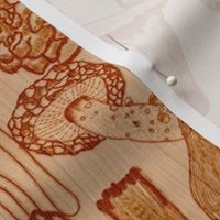 Pyrography Mushroom Extravaganza- Wood Burning Art- Natural- Burnt Umber, Bronze, Rust, Wheat- Regular Scale