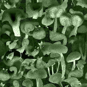 Spooky Green Mushrooms Cats Birds