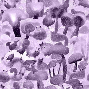 Purple Mushrooms Cats Birds
