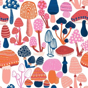 Mushrooms Blue Red Pink, Modern Colorful Toadstool, Botanical Fungi Forest, Woodland Fungus - Large