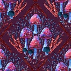 Watercolor Mushroom Damask - Blue & Plum