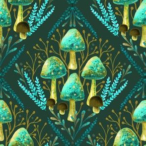 Watercolor Mushroom Damask - Teal & Mustard