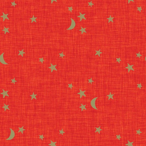 stars and moons // soft gold on red linen no. 2