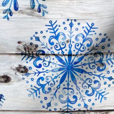 Blue Snowflakes on Wood - large scale