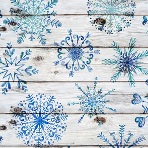 Blue Snowflakes on Wood - large scale