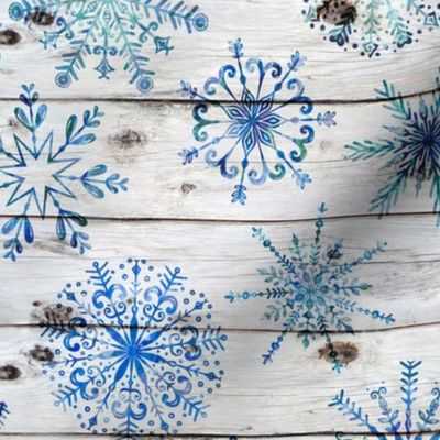 Blue Snowflakes on Wood - medium scale