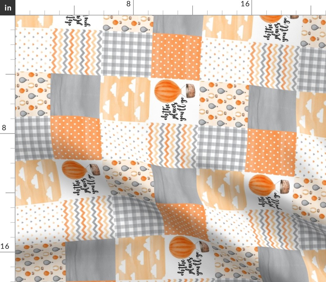 3 inch Hot Air Balloon//Oh the places you'll go//Orange&Grey - Wholecloth Cheater Quilt - Rotated